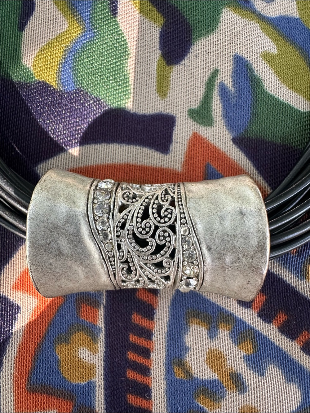 Silver-Tone Filigree Statement Necklace with Crystal Accents